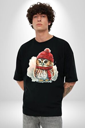 Kış Kırmızı Atkı Bere Baykuş Pamuklu Bisiklet Yaka Kadın Erkek Oversize Boyfriend Dijital Baskılı Siyah T-shirt