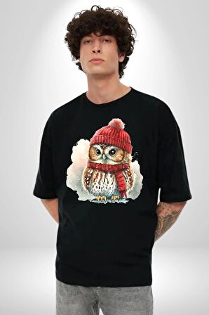 Kış Kırmızı Atkı Bere Baykuş Pamuklu Bisiklet Yaka Kadın Erkek Oversize Boyfriend Dijital Baskılı Siyah T-shirt