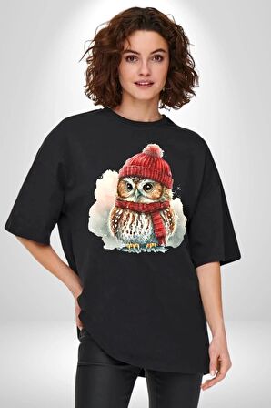 Kış Kırmızı Atkı Bere Baykuş Pamuklu Bisiklet Yaka Kadın Erkek Oversize Boyfriend Dijital Baskılı Siyah T-shirt