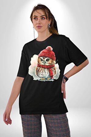 Kış Kırmızı Atkı Bere Baykuş Pamuklu Bisiklet Yaka Kadın Erkek Oversize Boyfriend Dijital Baskılı Siyah T-shirt