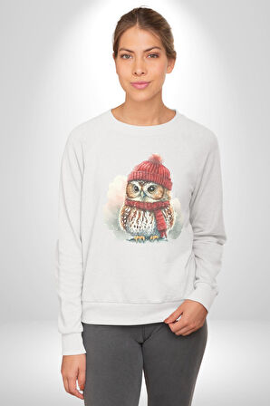 Kış Kırmızı Atkı Bere Baykuş Kadın Erkek  Beyaz Baskılı Sweatshirt 