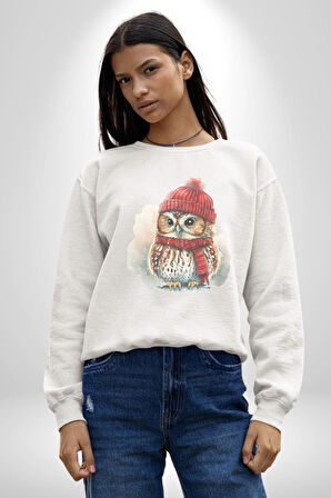 Kış Kırmızı Atkı Bere Baykuş Kadın Erkek  Beyaz Baskılı Sweatshirt 