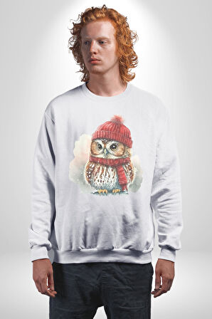 Kış Kırmızı Atkı Bere Baykuş Kadın Erkek  Beyaz Baskılı Sweatshirt 