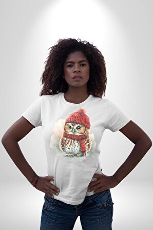 Kış Kırmızı Atkı Bere Baykuş Kadın Erkek Unisex Beyaz Organik Baskılı T-Shirt Penye Yüksek Kalite
