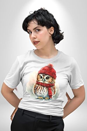 Kış Kırmızı Atkı Bere Baykuş Kadın Erkek Unisex Beyaz Organik Baskılı T-Shirt Penye Yüksek Kalite