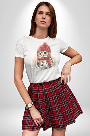 Kış Kırmızı Atkı Bere Baykuş Kadın Erkek Unisex Beyaz Organik Baskılı T-Shirt Penye Yüksek Kalite