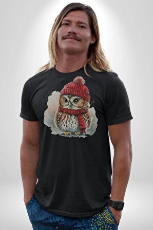 Kış Kırmızı Atkı Bere Baykuş Kadın Erkek Unisex Siyah Organik Baskılı T-Shirt Penye Yüksek Kalite