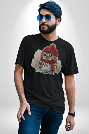 Kış Kırmızı Atkı Bere Baykuş Kadın Erkek Unisex Siyah Organik Baskılı T-Shirt Penye Yüksek Kalite