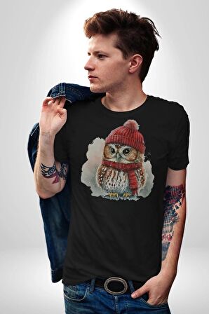 Kış Kırmızı Atkı Bere Baykuş Kadın Erkek Unisex Siyah Organik Baskılı T-Shirt Penye Yüksek Kalite