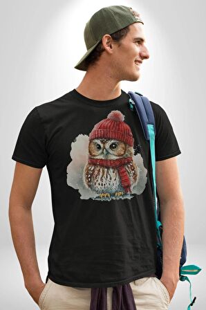 Kış Kırmızı Atkı Bere Baykuş Kadın Erkek Unisex Siyah Organik Baskılı T-Shirt Penye Yüksek Kalite