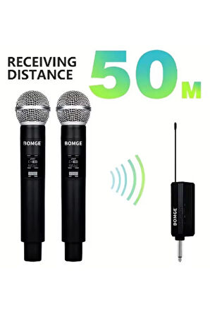 Profesyonel Çiftli Kablosuz Mikrofon Seti Karaoke Şarj Edilebilir 50 Metre Mesafe