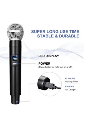 Profesyonel Çiftli Kablosuz Mikrofon Seti Karaoke Şarj Edilebilir 50 Metre Mesafe