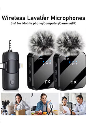Yüksek Kalite Profesyonel 3 In 1 Kablosuz Taşınabilir Yaka Mikrofonu Tüylü