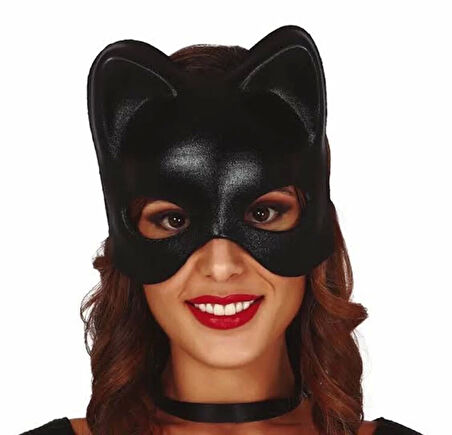 Siyah Deri Görünümlü Kedi Maskesi – Cosplay  Maskeli Balo