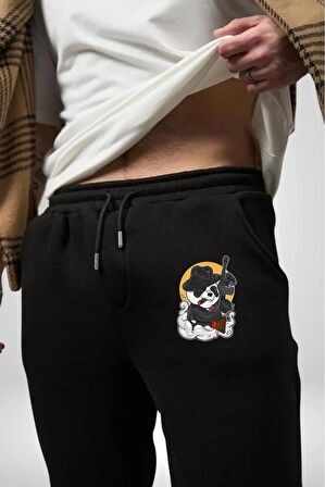 Gangster Panda  Pamuklu 3 İplik Siyah Eşofman Altı Erkek Oversize Kesim Dijital Baskılı