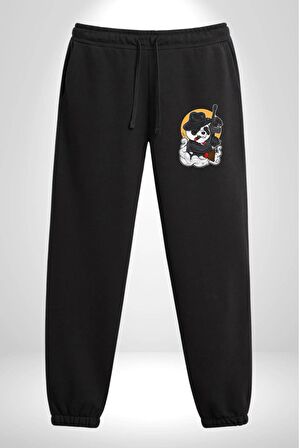 Gangster Panda  Pamuklu 3 İplik Siyah Eşofman Altı Erkek Oversize Kesim Dijital Baskılı