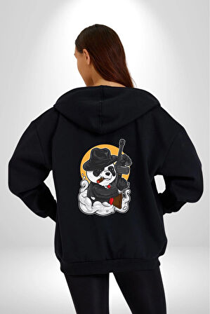 Gangster Panda  Kadın Erkek Siyah Renk Kapüşonlu Kanguru Cepli  Fermuarlı Pamuklu Oversize Dijital Baskılı Hırka Sweatshirt