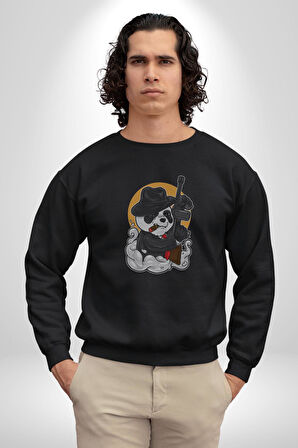 Gangster Panda  Kadın Erkek  Siyah Baskılı Sweatshirt 