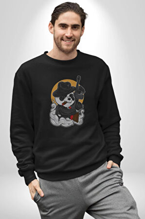 Gangster Panda  Kadın Erkek  Siyah Baskılı Sweatshirt 