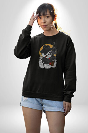 Gangster Panda  Kadın Erkek  Siyah Baskılı Sweatshirt 