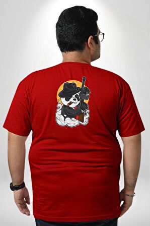 Gangster Panda  Büyük Beden Kırmızı Tişört Kadın Erkek Ünisex Sırt Baskılı