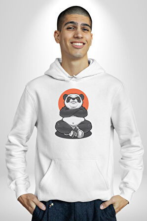 Yoga Panda  Kadın Erkek  Beyaz Kapüşonlu Sweatshirt Hoodie
