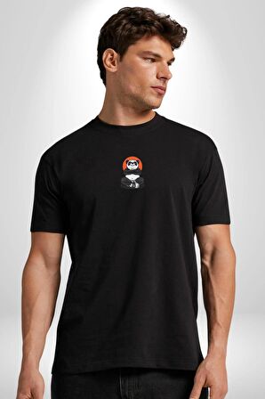 Yoga Panda  Siyah Oversize Kadın Erkek Ön Orta Minimal Baskılı Tişört