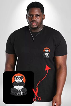 Yoga Panda  Siyah Büyük Beden Kadın Basic Minimal Baskılı Tişört