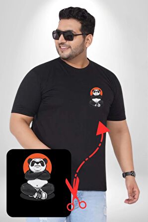 Yoga Panda  Siyah Büyük Beden Kadın Basic Minimal Baskılı Tişört