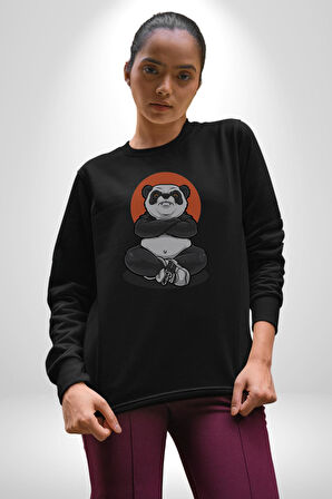 Yoga Panda  Kadın Erkek  Siyah Baskılı Sweatshirt 