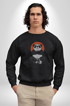 Yoga Panda  Kadın Erkek  Siyah Baskılı Sweatshirt 