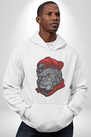 Kırmızı Şapka Maymun  Kadın Erkek  Beyaz Kapüşonlu Sweatshirt Hoodie