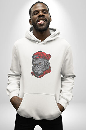 Kırmızı Şapka Maymun  Kadın Erkek  Beyaz Kapüşonlu Sweatshirt Hoodie