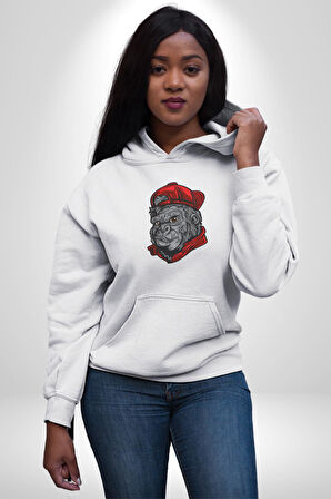 Kırmızı Şapka Maymun  Kadın Erkek  Beyaz Kapüşonlu Sweatshirt Hoodie
