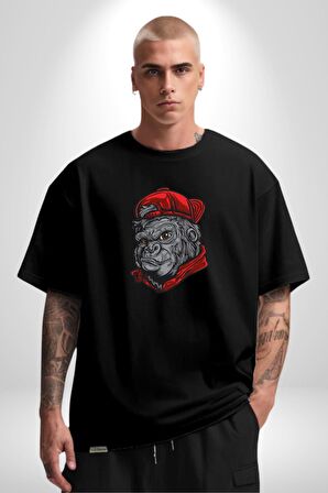 Kırmızı Şapka Maymun  Pamuklu Bisiklet Yaka Kadın Erkek Oversize Boyfriend Dijital Baskılı Siyah T-shirt