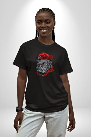 Kırmızı Şapka Maymun  Pamuklu Bisiklet Yaka Kadın Erkek Oversize Boyfriend Dijital Baskılı Siyah T-shirt