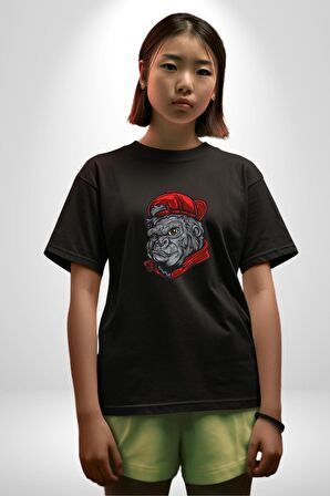 Kırmızı Şapka Maymun  Pamuklu Bisiklet Yaka Kadın Erkek Oversize Boyfriend Dijital Baskılı Siyah T-shirt