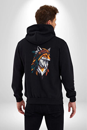 Kızılderili Tilki  Kadın Erkek Siyah Renk Kapüşonlu Kanguru Cepli  Fermuarlı Pamuklu Oversize Dijital Baskılı Hırka Sweatshirt