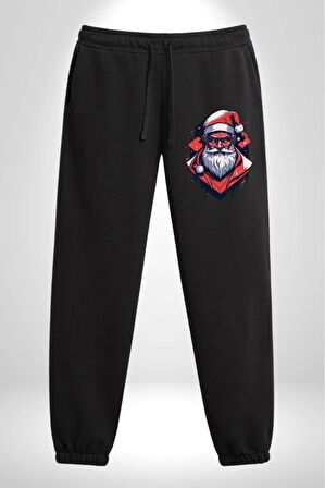 Cool Santa Claus Noel Baba Pamuklu 3 İplik Siyah Eşofman Altı Erkek Oversize Kesim Dijital Baskılı