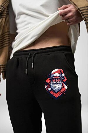 Cool Santa Claus Noel Baba Pamuklu 3 İplik Siyah Eşofman Altı Erkek Oversize Kesim Dijital Baskılı