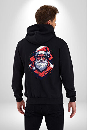 Cool Santa Claus Noel Baba Kadın Erkek Siyah Renk Kapüşonlu Kanguru Cepli  Fermuarlı Pamuklu Oversize Dijital Baskılı Hırka Sweatshirt