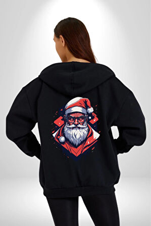 Cool Santa Claus Noel Baba Kadın Erkek Siyah Renk Kapüşonlu Kanguru Cepli  Fermuarlı Pamuklu Oversize Dijital Baskılı Hırka Sweatshirt