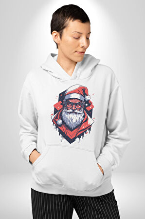 Cool Santa Claus Noel Baba Kadın Erkek  Beyaz Kapüşonlu Sweatshirt Hoodie