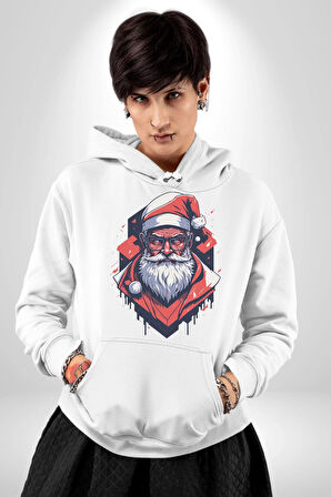 Cool Santa Claus Noel Baba Kadın Erkek  Beyaz Kapüşonlu Sweatshirt Hoodie
