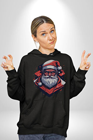 Cool Santa Claus Noel Baba Kadın Erkek  Siyah Kapüşonlu Sweatshirt Hoodie