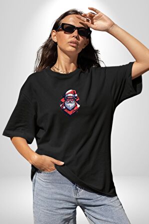 Cool Santa Claus Noel Baba Siyah Oversize Kadın Erkek Ön Orta Minimal Baskılı Tişört