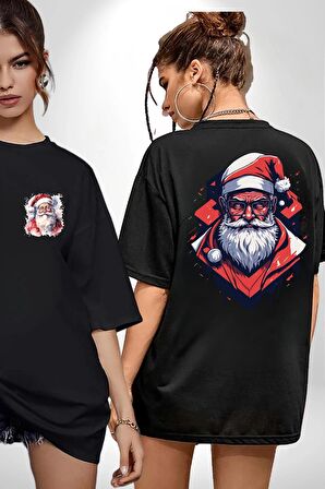 Cool Santa Claus Noel Baba Siyah Oversize Kadın Erkek Ön ve Sırt Baskılı Tişört