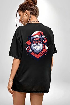 Cool Santa Claus Noel Baba Siyah Oversize Kadın Erkek Ön ve Sırt Baskılı Tişört