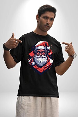 Cool Santa Claus Noel Baba Pamuklu Bisiklet Yaka Kadın Erkek Oversize Boyfriend Dijital Baskılı Siyah T-shirt