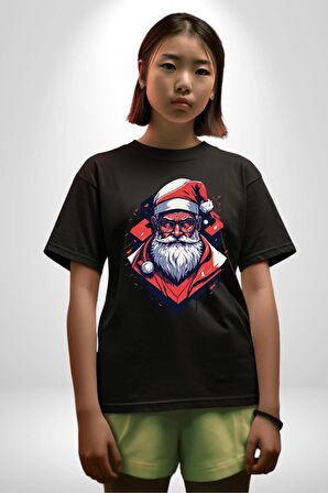 Cool Santa Claus Noel Baba Pamuklu Bisiklet Yaka Kadın Erkek Oversize Boyfriend Dijital Baskılı Siyah T-shirt